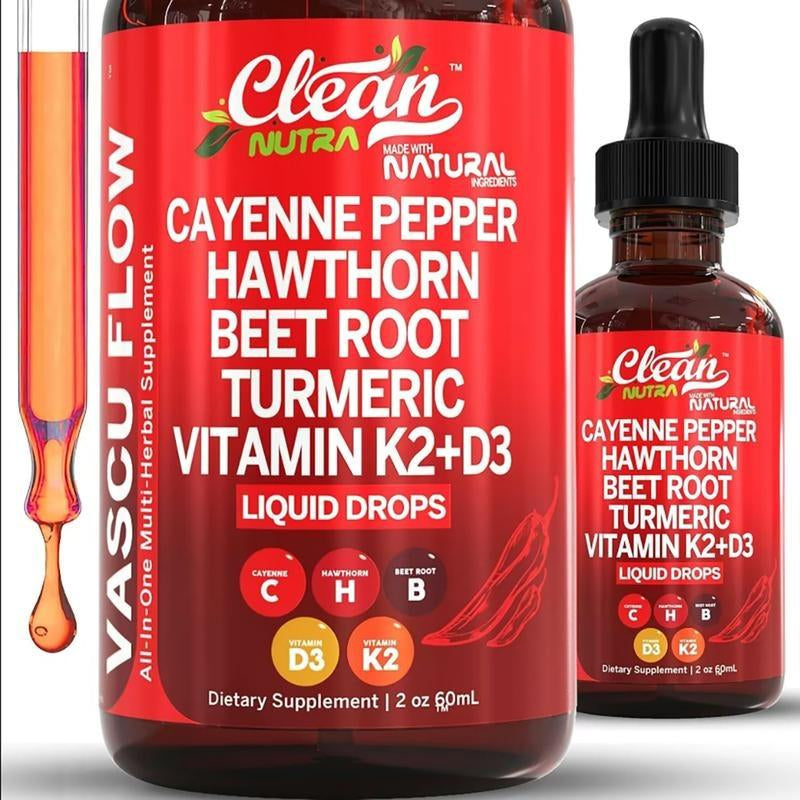 Vasoflow Natural Complex Formula Drops - Cayenne Pepper & Hawthorn Berry Extract, Enhanced with Vitamin D3K2, Organic Beet Root, Ceylon Cinnamon, Turmeric Curcumin and Ginseng