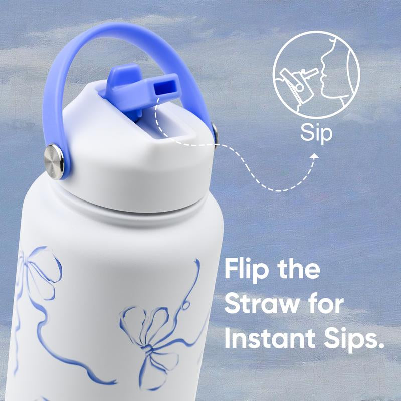 KEWIXY Pink/Blue Bow 32 Oz Insulated Water Bottle, Flip Straw Lid, Stainless Steel, Leak Proof, 24-Hour Cold, Reusable, for Travel, Gym and School