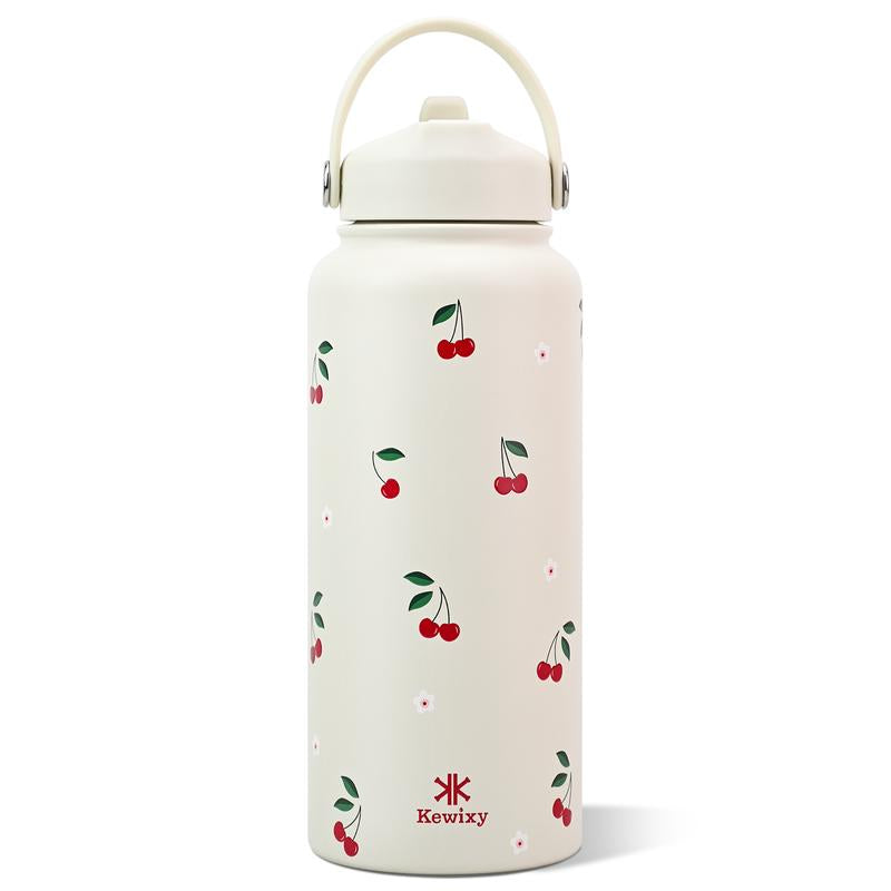KEWIXY Pink/Blue Bow 32 Oz Insulated Water Bottle, Flip Straw Lid, Stainless Steel, Leak Proof, 24-Hour Cold, Reusable, for Travel, Gym and School