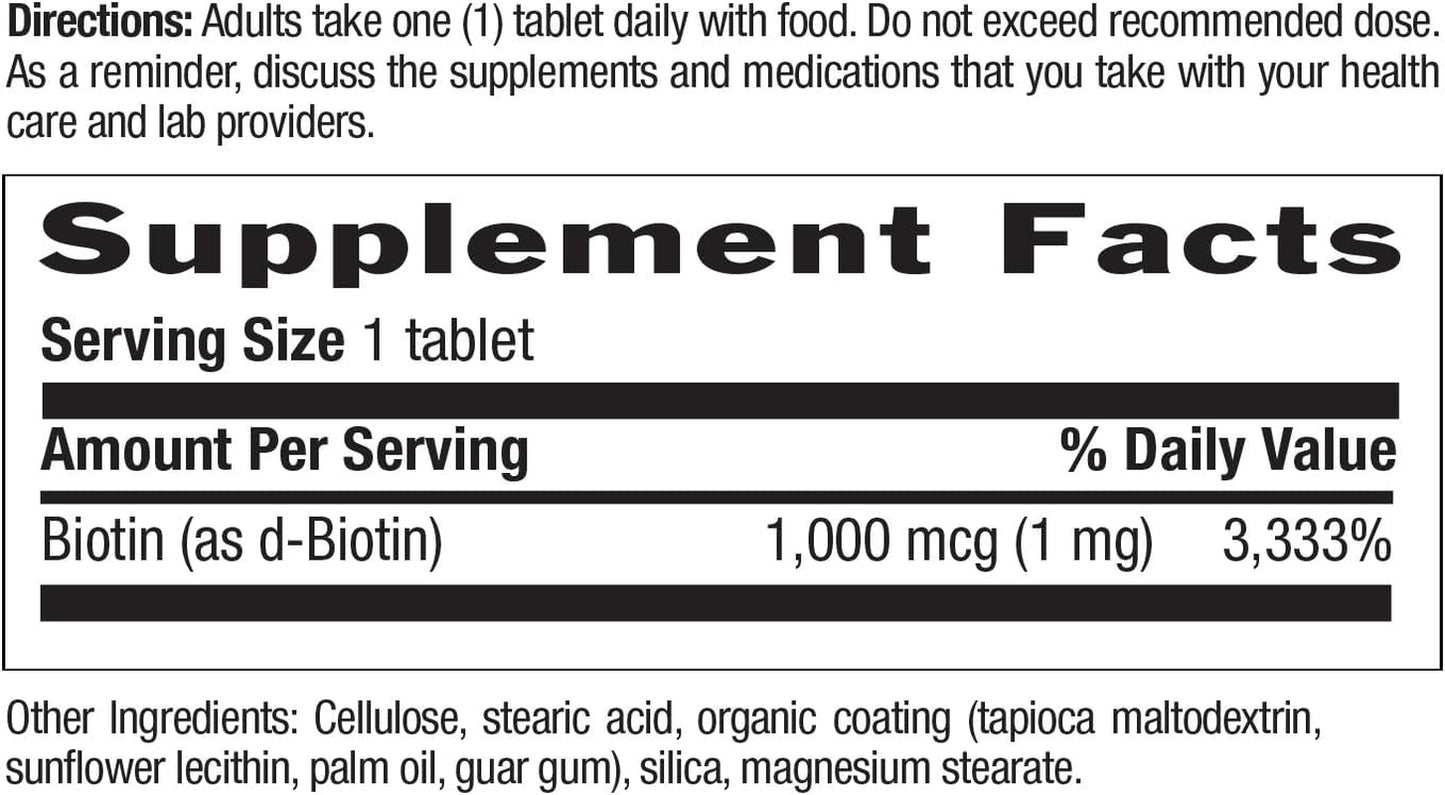 Biotin 1Mg Supports Healthy Hair, Skin & Nails, 100 Tablets, Certified Gluten Free, Certified Vegan, Certified Halal, Non-Gmo Verified