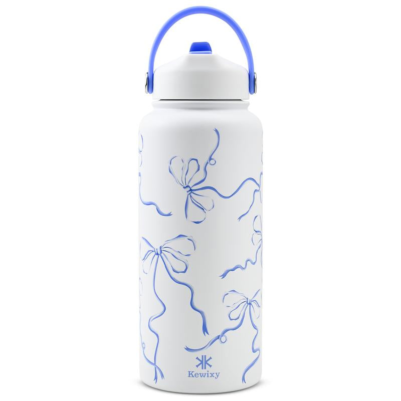 KEWIXY Pink/Blue Bow 32 Oz Insulated Water Bottle, Flip Straw Lid, Stainless Steel, Leak Proof, 24-Hour Cold, Reusable, for Travel, Gym and School