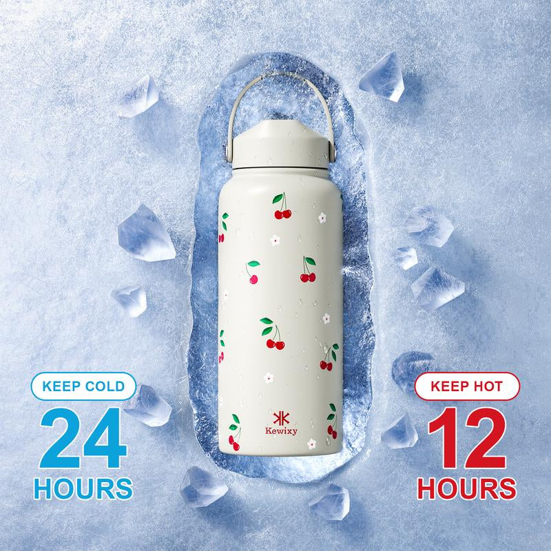 KEWIXY Pink/Blue Bow 32 Oz Insulated Water Bottle, Flip Straw Lid, Stainless Steel, Leak Proof, 24-Hour Cold, Reusable, for Travel, Gym and School