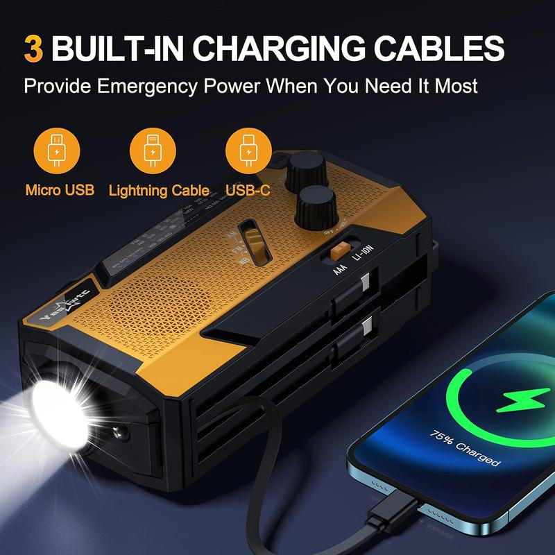 3 in 1 Charging Cable Hand Crank Emergency Radio,Noaa Weather Radio 7400Mwh,Portable Solar Power ,AM/FM for Winter Storm Hurricane Survival Gear Chargeable Orange so Alarm Crank Radio