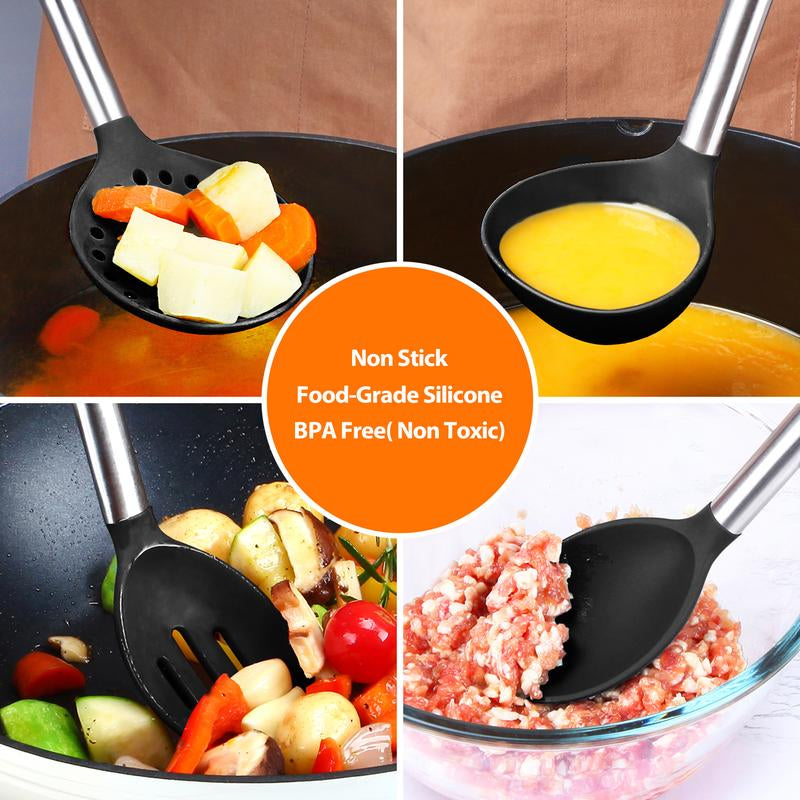 Silicone Cooking Utensil Set - 8Pcs Non-Stick Cookware with Stainless Steel Handle, BPA Free, Heat Resistant Kitchen Tools, Girly Kitchenware Black