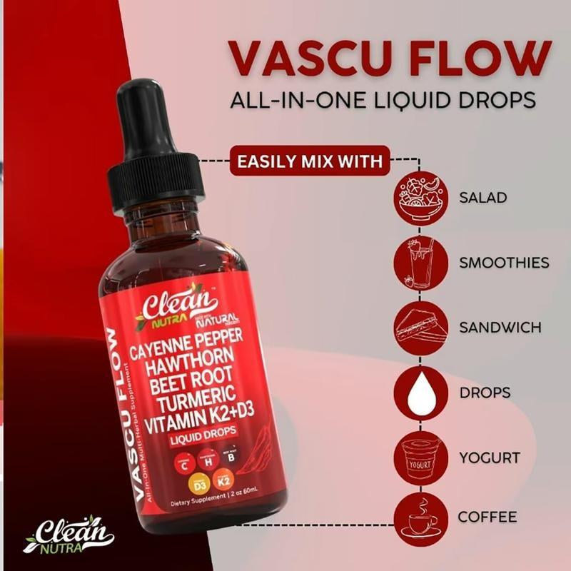 Vasoflow Natural Complex Formula Drops - Cayenne Pepper & Hawthorn Berry Extract, Enhanced with Vitamin D3K2, Organic Beet Root, Ceylon Cinnamon, Turmeric Curcumin and Ginseng