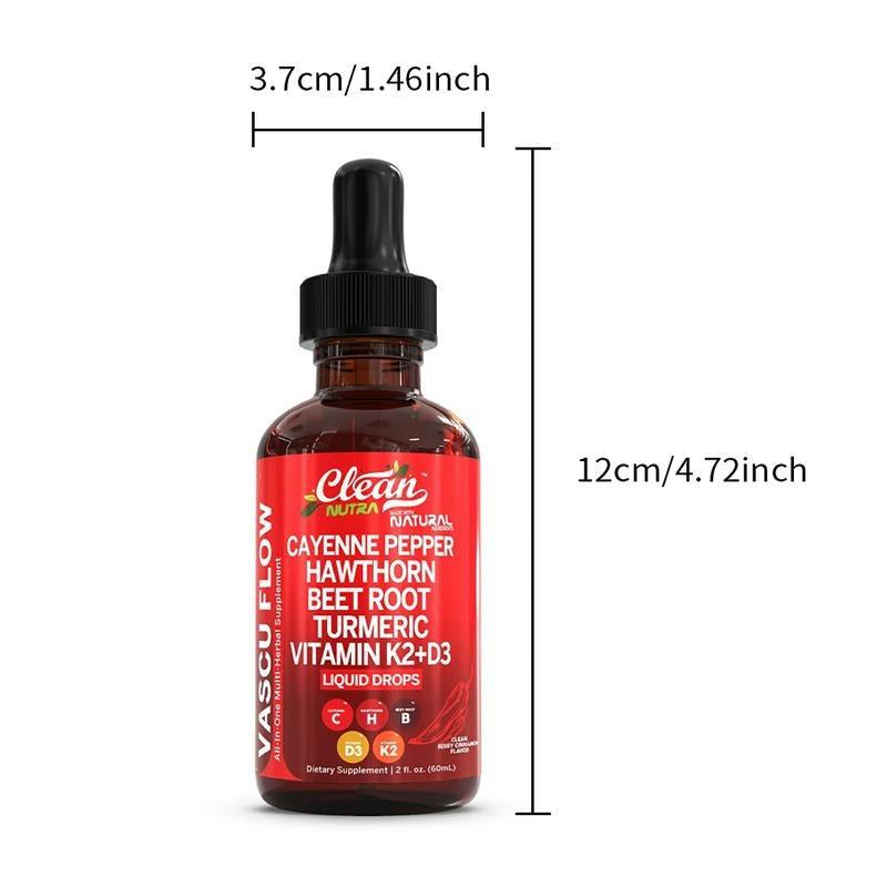 Vasoflow Natural Complex Formula Drops - Cayenne Pepper & Hawthorn Berry Extract, Enhanced with Vitamin D3K2, Organic Beet Root, Ceylon Cinnamon, Turmeric Curcumin and Ginseng