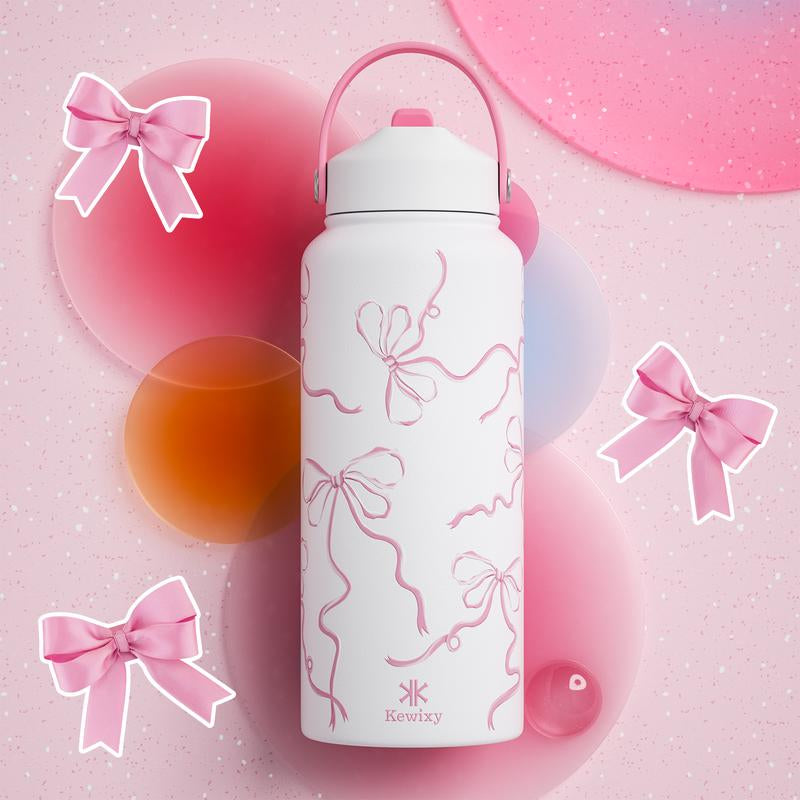 KEWIXY Pink/Blue Bow 32 Oz Insulated Water Bottle, Flip Straw Lid, Stainless Steel, Leak Proof, 24-Hour Cold, Reusable, for Travel, Gym and School