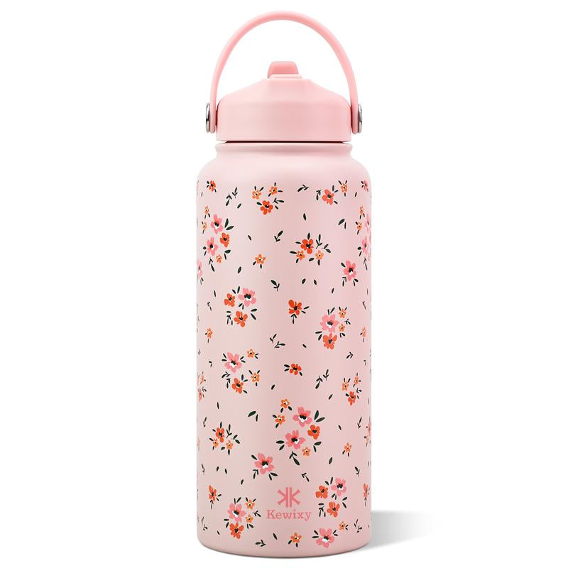 KEWIXY Pink/Blue Bow 32 Oz Insulated Water Bottle, Flip Straw Lid, Stainless Steel, Leak Proof, 24-Hour Cold, Reusable, for Travel, Gym and School