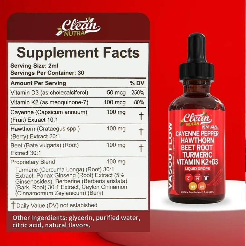 Vasoflow Natural Complex Formula Drops - Cayenne Pepper & Hawthorn Berry Extract, Enhanced with Vitamin D3K2, Organic Beet Root, Ceylon Cinnamon, Turmeric Curcumin and Ginseng