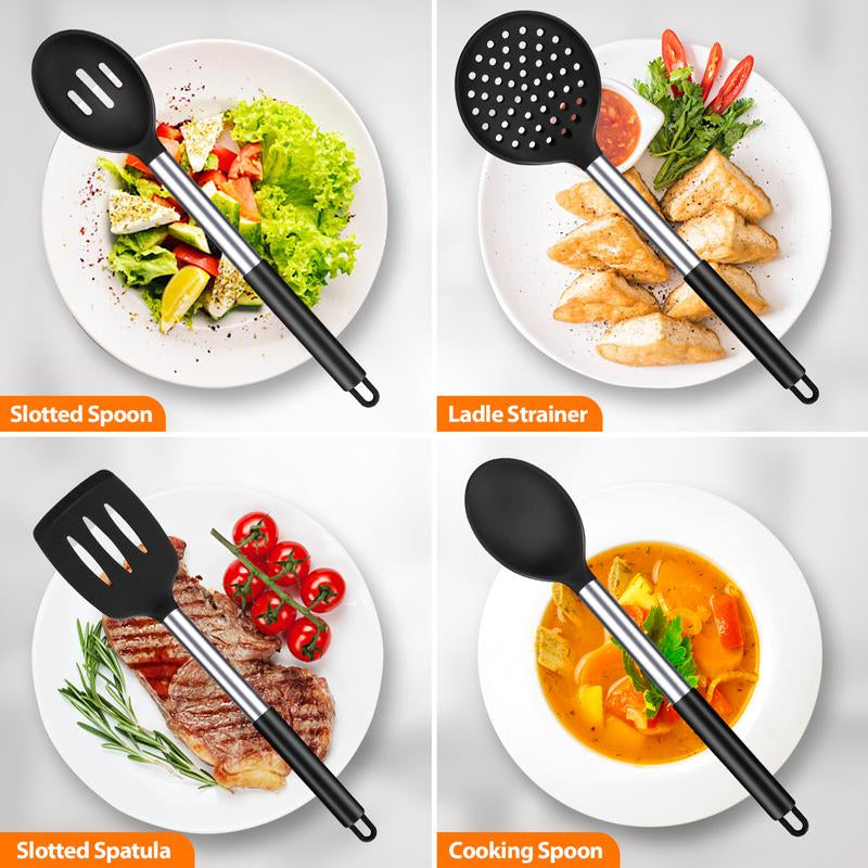 Silicone Cooking Utensil Set - 8Pcs Non-Stick Cookware with Stainless Steel Handle, BPA Free, Heat Resistant Kitchen Tools, Girly Kitchenware Black