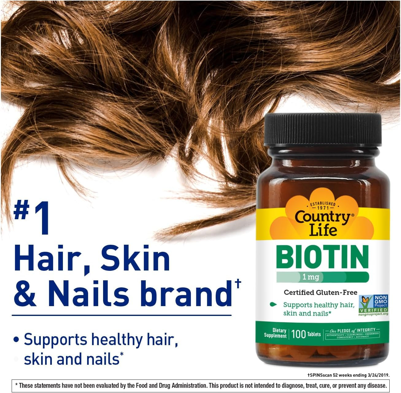 Biotin 1Mg Supports Healthy Hair, Skin & Nails, 100 Tablets, Certified Gluten Free, Certified Vegan, Certified Halal, Non-Gmo Verified