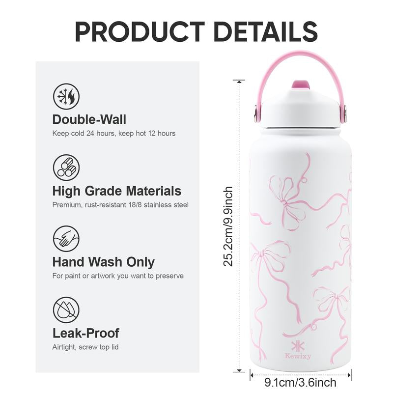 KEWIXY Pink/Blue Bow 32 Oz Insulated Water Bottle, Flip Straw Lid, Stainless Steel, Leak Proof, 24-Hour Cold, Reusable, for Travel, Gym and School