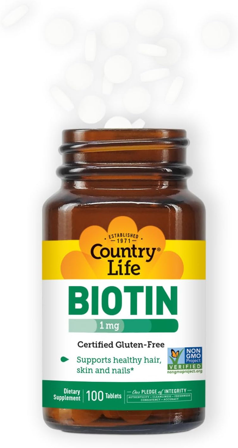 Biotin 1Mg Supports Healthy Hair, Skin & Nails, 100 Tablets, Certified Gluten Free, Certified Vegan, Certified Halal, Non-Gmo Verified