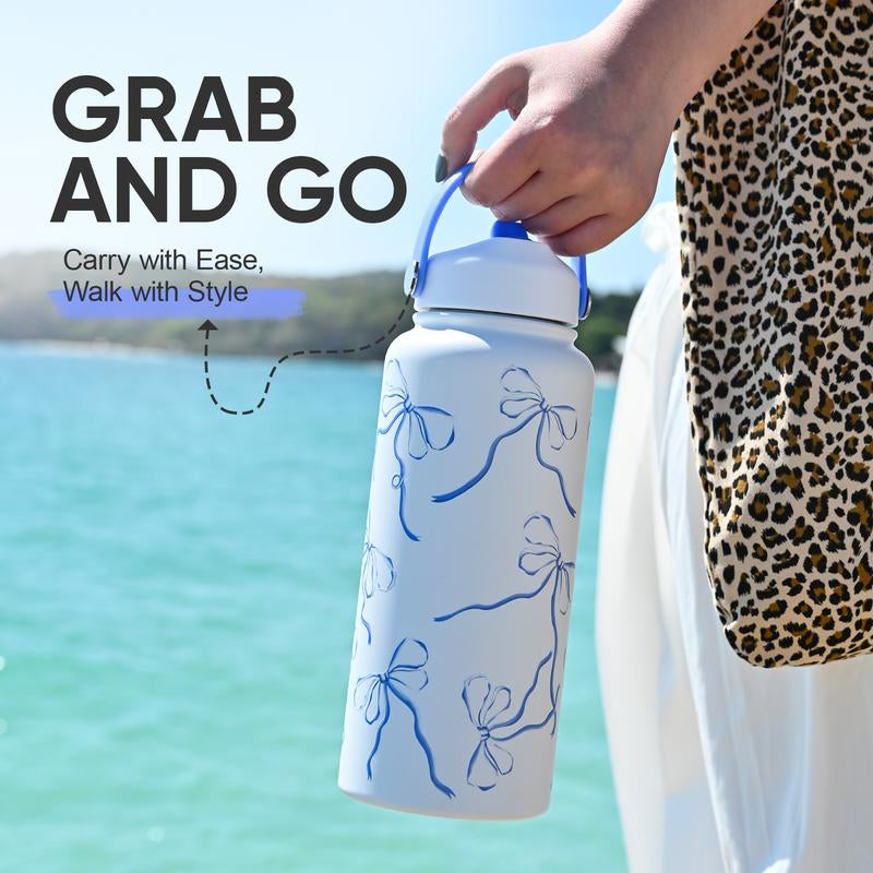 KEWIXY Pink/Blue Bow 32 Oz Insulated Water Bottle, Flip Straw Lid, Stainless Steel, Leak Proof, 24-Hour Cold, Reusable, for Travel, Gym and School