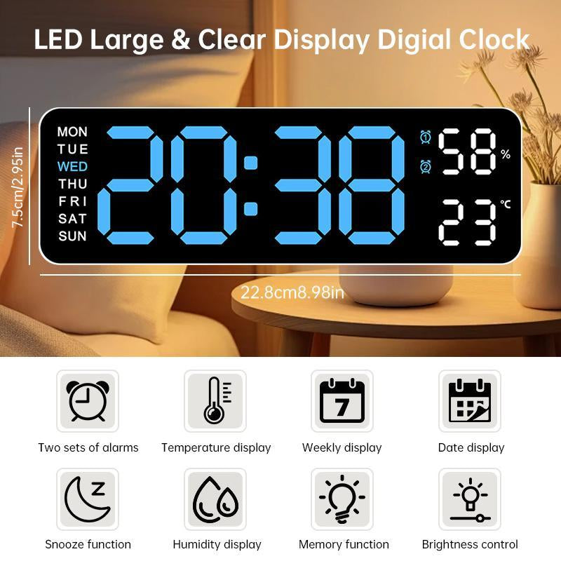【Tiktok Top Seller】Led Digital Wall Clock Decorative, 10" - Digital Alarm Clocks for Bedrooms, Digital Clock Large Display with Temperature/Countdown/Auto Dimmer/Snooze - 12/24H, Modern Wall Clock Digital Light Set Blue(White Shell)