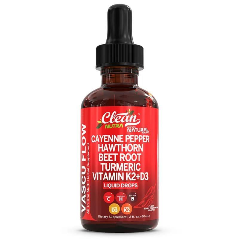 Vasoflow Natural Complex Formula Drops - Cayenne Pepper & Hawthorn Berry Extract, Enhanced with Vitamin D3K2, Organic Beet Root, Ceylon Cinnamon, Turmeric Curcumin and Ginseng