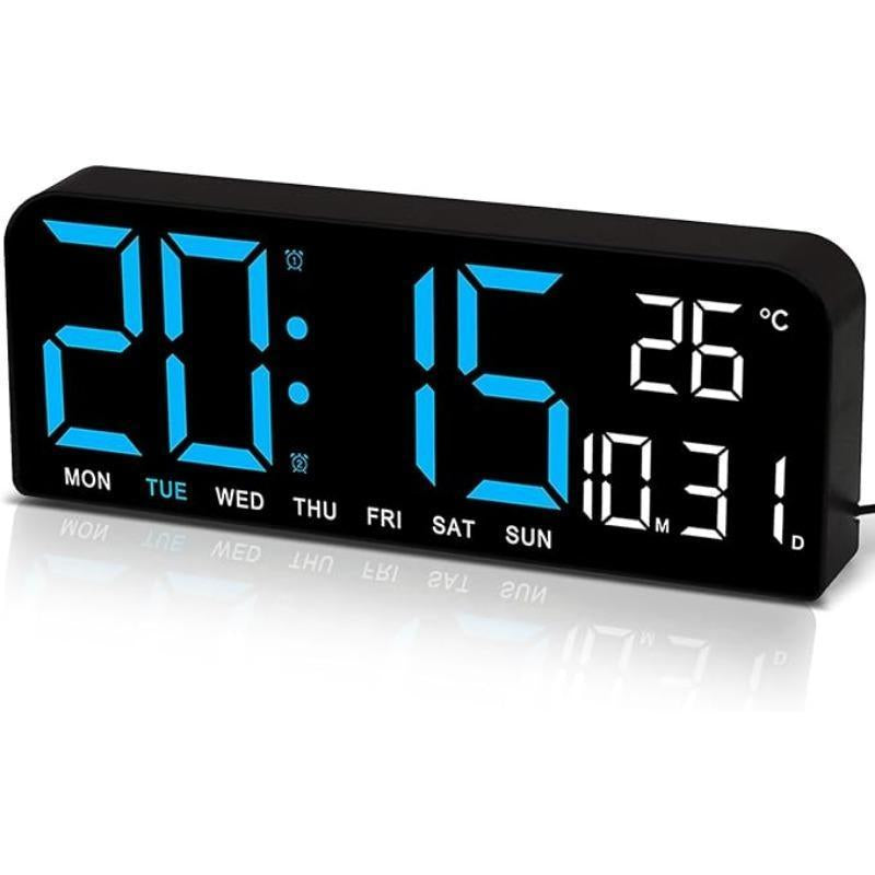 【Tiktok Top Seller】Led Digital Wall Clock Decorative, 10" - Digital Alarm Clocks for Bedrooms, Digital Clock Large Display with Temperature/Countdown/Auto Dimmer/Snooze - 12/24H, Modern Wall Clock Digital Light Set Blue(White Shell)