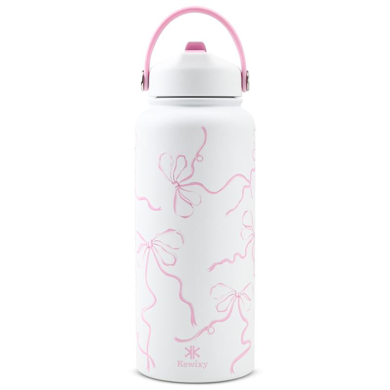 KEWIXY Pink/Blue Bow 32 Oz Insulated Water Bottle, Flip Straw Lid, Stainless Steel, Leak Proof, 24-Hour Cold, Reusable, for Travel, Gym and School