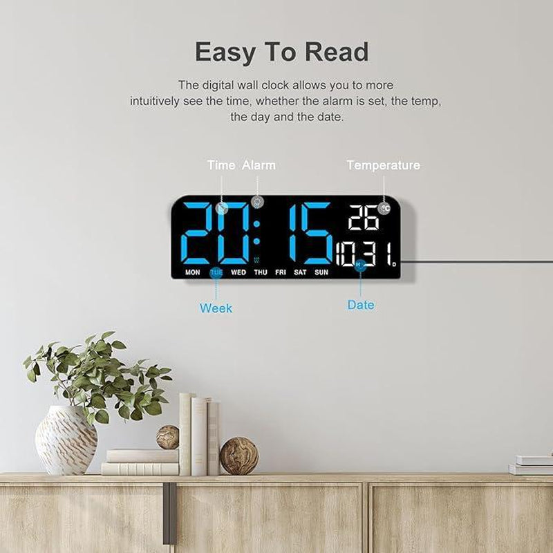 【Tiktok Top Seller】Led Digital Wall Clock Decorative, 10" - Digital Alarm Clocks for Bedrooms, Digital Clock Large Display with Temperature/Countdown/Auto Dimmer/Snooze - 12/24H, Modern Wall Clock Digital Light Set Blue(White Shell)