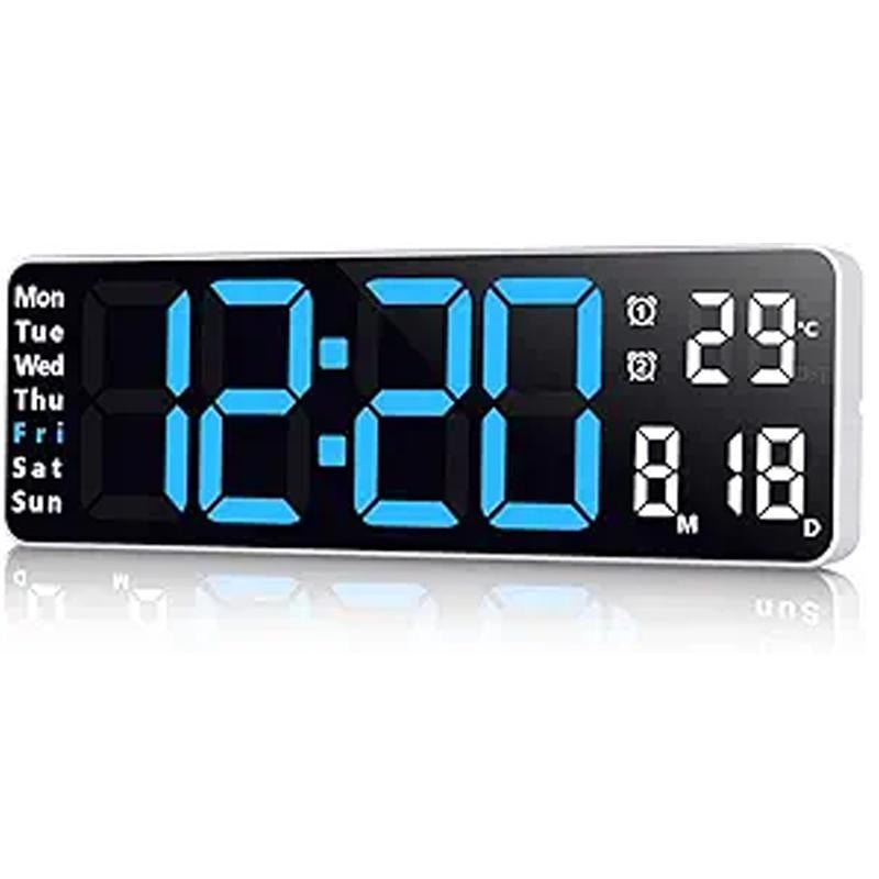 【Tiktok Top Seller】Led Digital Wall Clock Decorative, 10" - Digital Alarm Clocks for Bedrooms, Digital Clock Large Display with Temperature/Countdown/Auto Dimmer/Snooze - 12/24H, Modern Wall Clock Digital Light Set Blue(White Shell)
