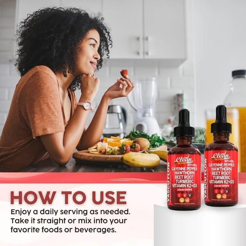 Vasoflow Natural Complex Formula Drops - Cayenne Pepper & Hawthorn Berry Extract, Enhanced with Vitamin D3K2, Organic Beet Root, Ceylon Cinnamon, Turmeric Curcumin and Ginseng