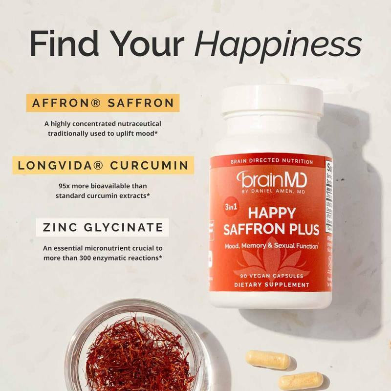 Brainmd - Happy Saffron plus | #1 Formula for a Healthier, Happier You - Free from Gluten, Dairy, and Eggs