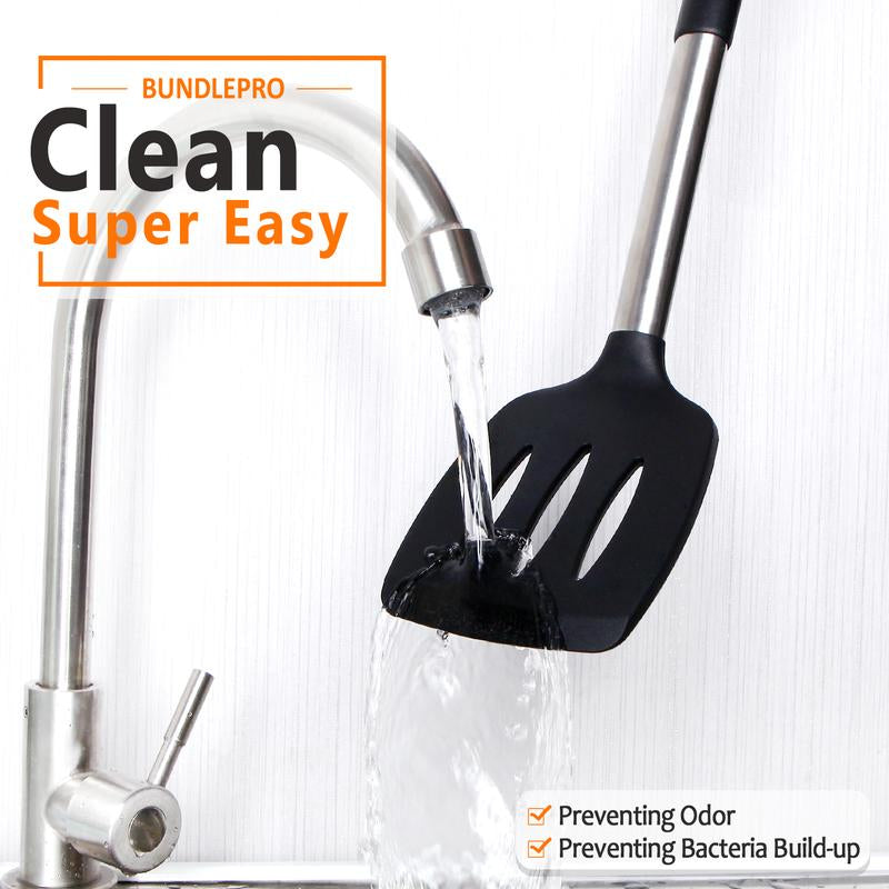 Silicone Cooking Utensil Set - 8Pcs Non-Stick Cookware with Stainless Steel Handle, BPA Free, Heat Resistant Kitchen Tools, Girly Kitchenware Black