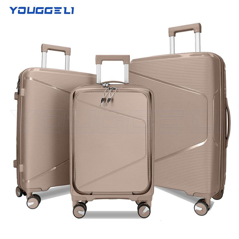 YOUGGELI Luggage Set Durable PP 3-Piece Luggage Set (20/24/28 Inches) with TSA Front-Opening Suitcase Set Double-Layer Explosion-Proof Zipper with Universal Wheels (Ideal for Family Sets)Various Sets and Colors Available Traveling Bag Luggage Sets