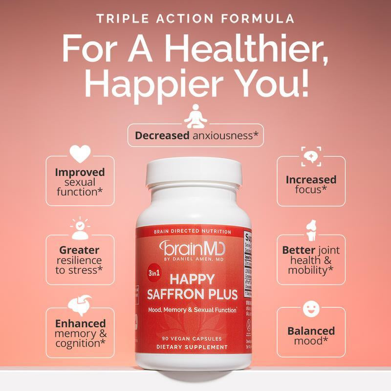 Brainmd - Happy Saffron plus | #1 Formula for a Healthier, Happier You - Free from Gluten, Dairy, and Eggs