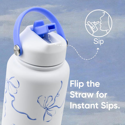 KEWIXY Pink/Blue Bow 32 Oz Insulated Water Bottle, Flip Straw Lid, Stainless Steel, Leak Proof, 24-Hour Cold, Reusable, for Travel, Gym and School