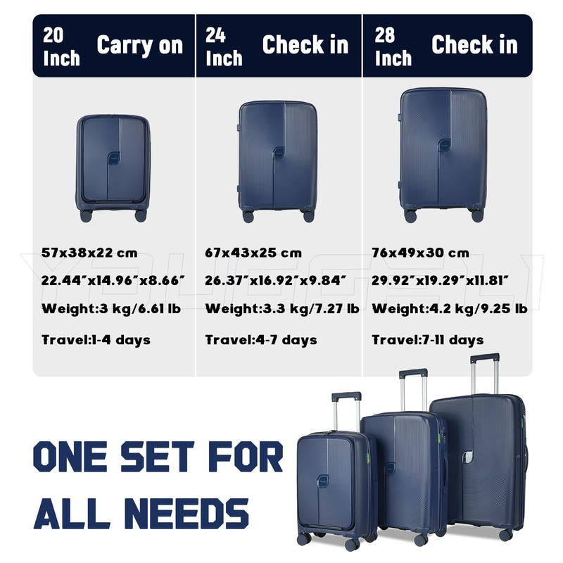 YOUGGELI Luggage Set Durable PP 3-Piece Luggage Set (20/24/28 Inches) with TSA Front-Opening Suitcase Set Double-Layer Explosion-Proof Zipper with Universal Wheels (Ideal for Family Sets)Various Sets and Colors Available Traveling Bag Luggage Sets