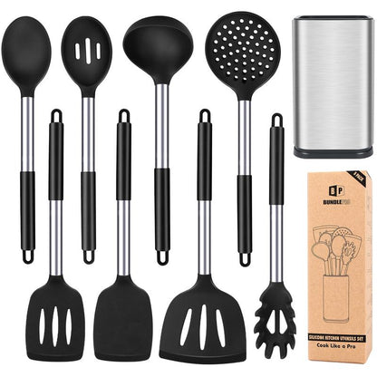 Silicone Cooking Utensil Set - 8Pcs Non-Stick Cookware with Stainless Steel Handle, BPA Free, Heat Resistant Kitchen Tools, Girly Kitchenware Black