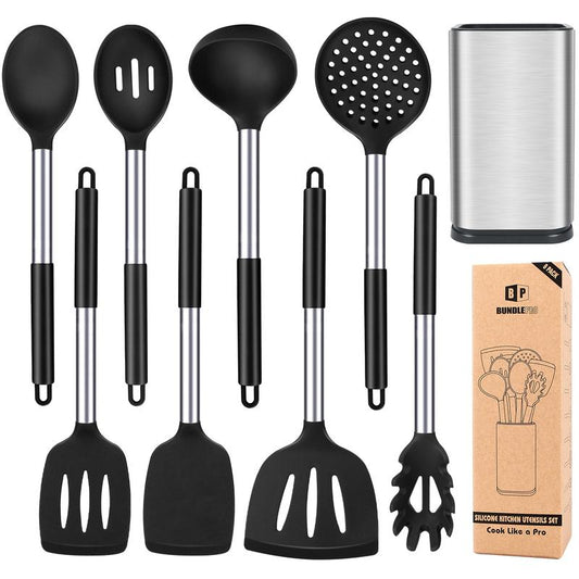 Silicone Cooking Utensil Set - 8Pcs Non-Stick Cookware with Stainless Steel Handle, BPA Free, Heat Resistant Kitchen Tools, Girly Kitchenware Black
