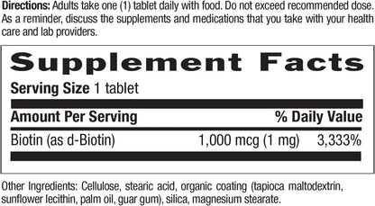 Biotin 1Mg Supports Healthy Hair, Skin & Nails, 100 Tablets, Certified Gluten Free, Certified Vegan, Certified Halal, Non-Gmo Verified