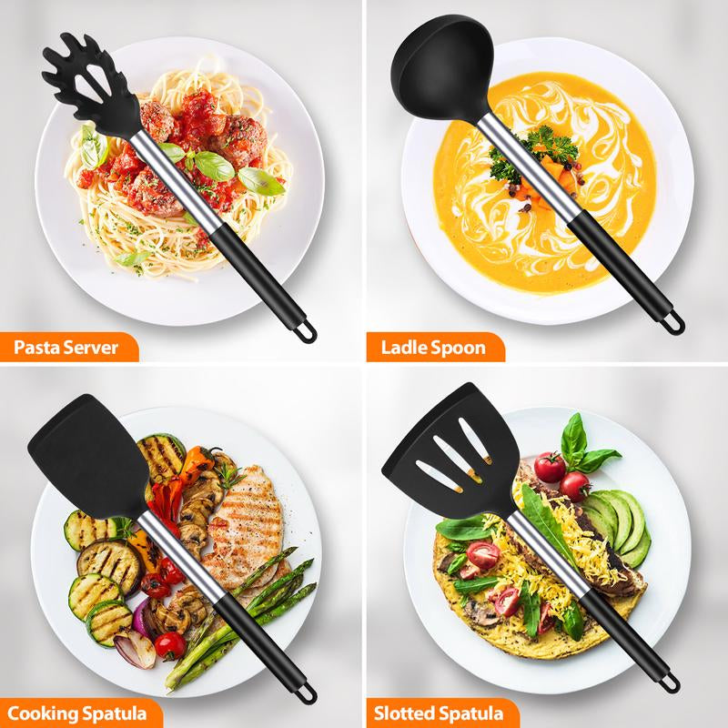 Silicone Cooking Utensil Set - 8Pcs Non-Stick Cookware with Stainless Steel Handle, BPA Free, Heat Resistant Kitchen Tools, Girly Kitchenware Black