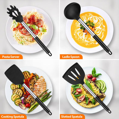 Silicone Cooking Utensil Set - 8Pcs Non-Stick Cookware with Stainless Steel Handle, BPA Free, Heat Resistant Kitchen Tools, Girly Kitchenware Black