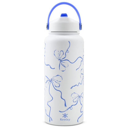 KEWIXY Pink/Blue Bow 32 Oz Insulated Water Bottle, Flip Straw Lid, Stainless Steel, Leak Proof, 24-Hour Cold, Reusable, for Travel, Gym and School