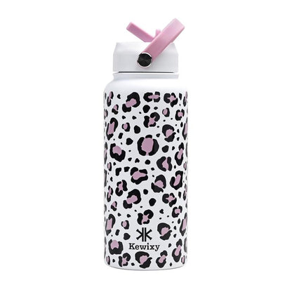 KEWIXY Pink/Blue Bow 32 Oz Insulated Water Bottle, Flip Straw Lid, Stainless Steel, Leak Proof, 24-Hour Cold, Reusable, for Travel, Gym and School