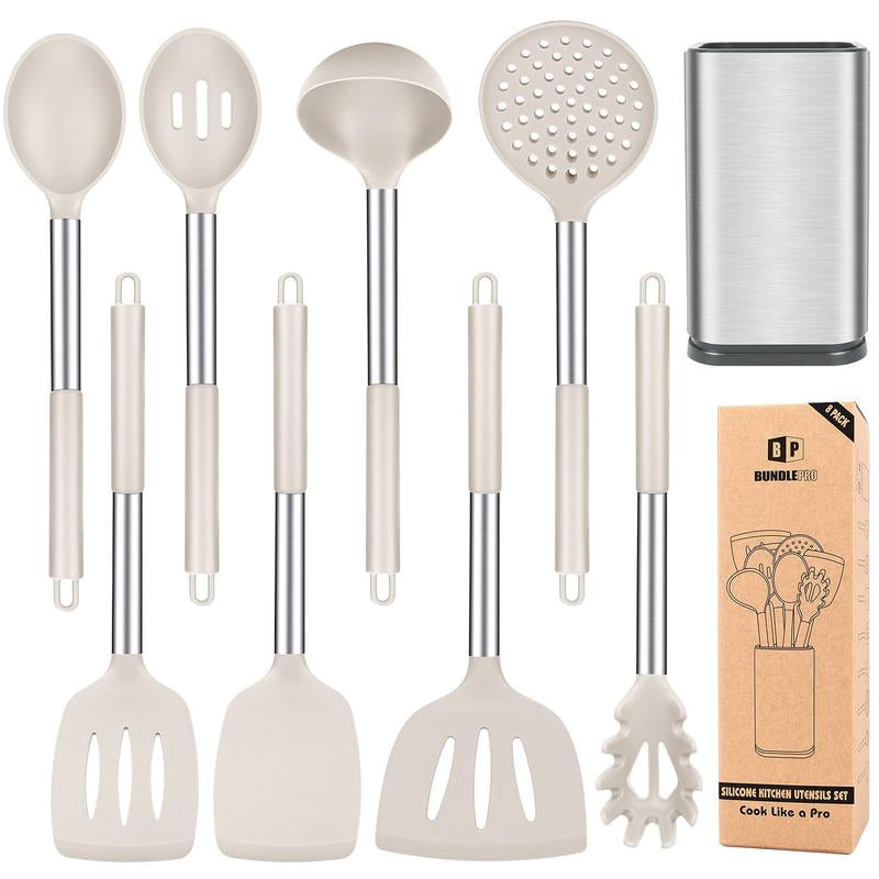 Silicone Cooking Utensil Set - 8Pcs Non-Stick Cookware with Stainless Steel Handle, BPA Free, Heat Resistant Kitchen Tools, Girly Kitchenware Black