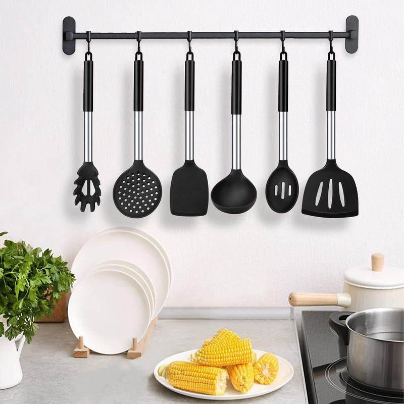 Silicone Cooking Utensil Set - 8Pcs Non-Stick Cookware with Stainless Steel Handle, BPA Free, Heat Resistant Kitchen Tools, Girly Kitchenware Black