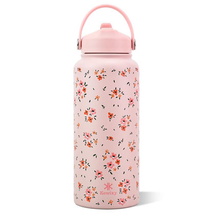 KEWIXY Pink/Blue Bow 32 Oz Insulated Water Bottle, Flip Straw Lid, Stainless Steel, Leak Proof, 24-Hour Cold, Reusable, for Travel, Gym and School