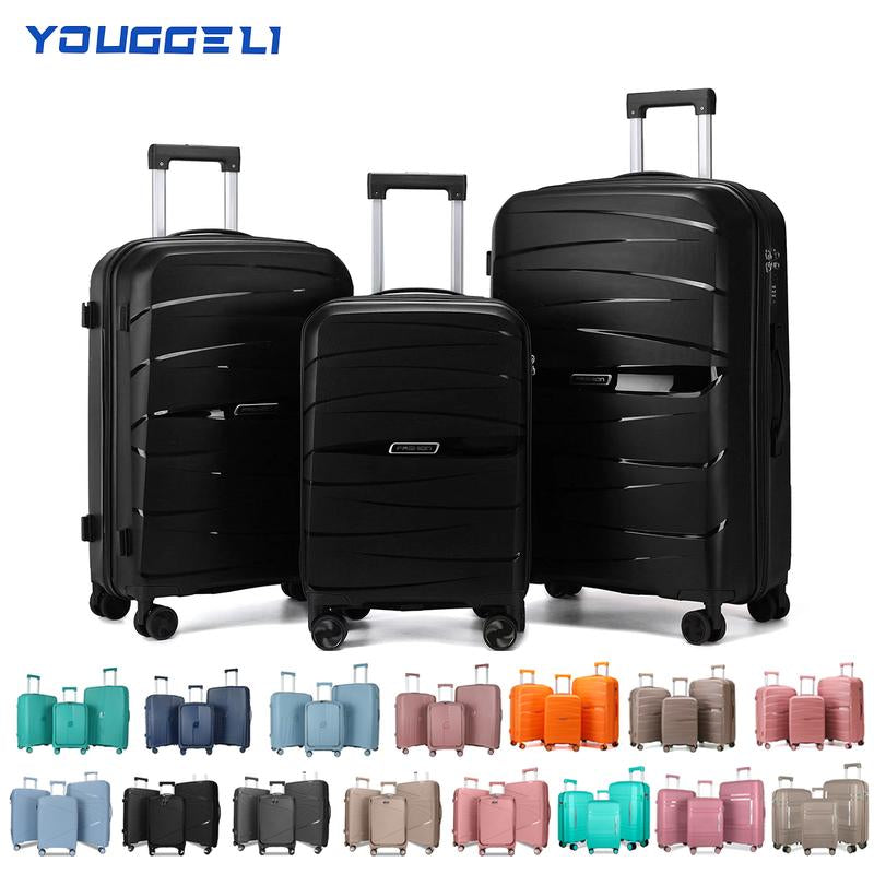 YOUGGELI Luggage Set Durable PP 3-Piece Luggage Set (20/24/28 Inches) with TSA Front-Opening Suitcase Set Double-Layer Explosion-Proof Zipper with Universal Wheels (Ideal for Family Sets)Various Sets and Colors Available Traveling Bag Luggage Sets