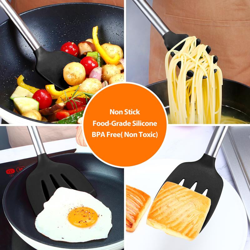 Silicone Cooking Utensil Set - 8Pcs Non-Stick Cookware with Stainless Steel Handle, BPA Free, Heat Resistant Kitchen Tools, Girly Kitchenware Black