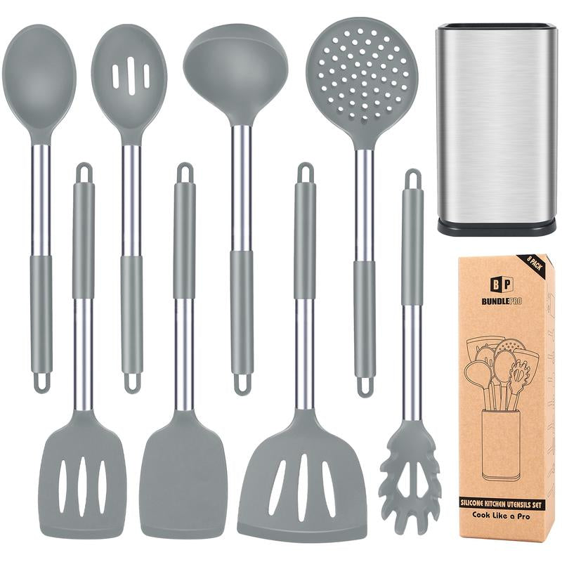 Silicone Cooking Utensil Set - 8Pcs Non-Stick Cookware with Stainless Steel Handle, BPA Free, Heat Resistant Kitchen Tools, Girly Kitchenware Black