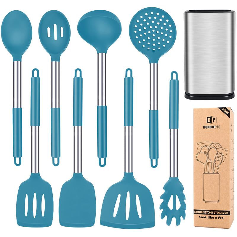 Silicone Cooking Utensil Set - 8Pcs Non-Stick Cookware with Stainless Steel Handle, BPA Free, Heat Resistant Kitchen Tools, Girly Kitchenware Black