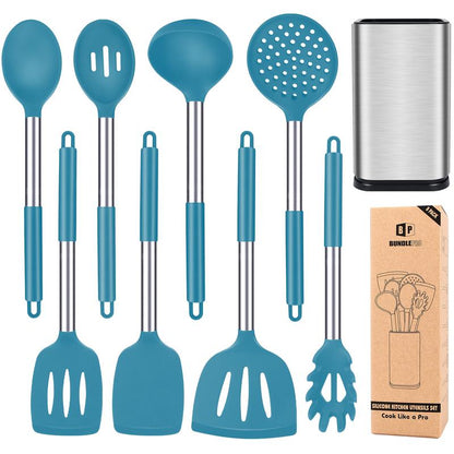 Silicone Cooking Utensil Set - 8Pcs Non-Stick Cookware with Stainless Steel Handle, BPA Free, Heat Resistant Kitchen Tools, Girly Kitchenware Black