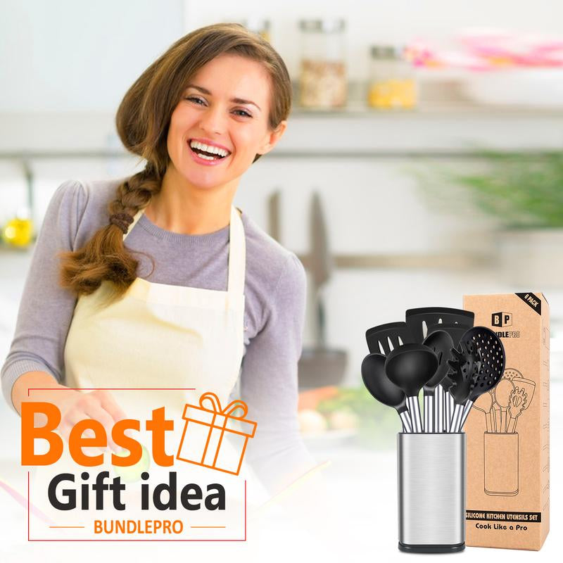 Silicone Cooking Utensil Set - 8Pcs Non-Stick Cookware with Stainless Steel Handle, BPA Free, Heat Resistant Kitchen Tools, Girly Kitchenware Black