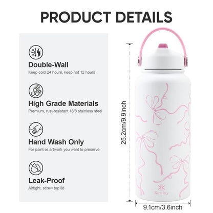 KEWIXY Pink/Blue Bow 32 Oz Insulated Water Bottle, Flip Straw Lid, Stainless Steel, Leak Proof, 24-Hour Cold, Reusable, for Travel, Gym and School