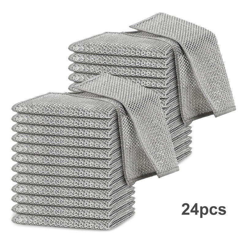 24 Counts Dishwashing Rags for Wet and Dry Multipurpose Stainless Steel Scrubber, Non-Scratch Heavy-Duty Dish Cleaning Cloth, Reusable Metallic Fiber Scrubber for Kitchen, Dishwasher Safe, Multi-Use Cleaning Rags