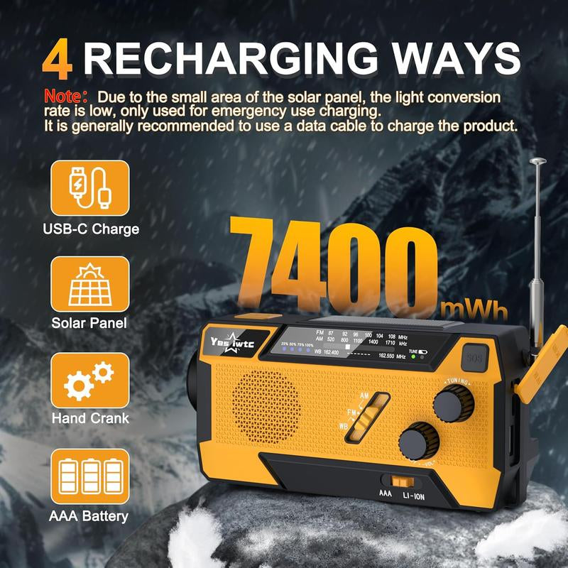 3 in 1 Charging Cable Hand Crank Emergency Radio，Noaa Weather Radio 7400Mwh，Portable Solar Power ，AM/FM for Winter Storm Hurricane Survival Gear Chargeable Orange so Alarm Crank Radio